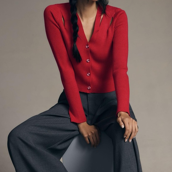 Red Ribbed Button-Up Cardigan - Picture 2 of 6